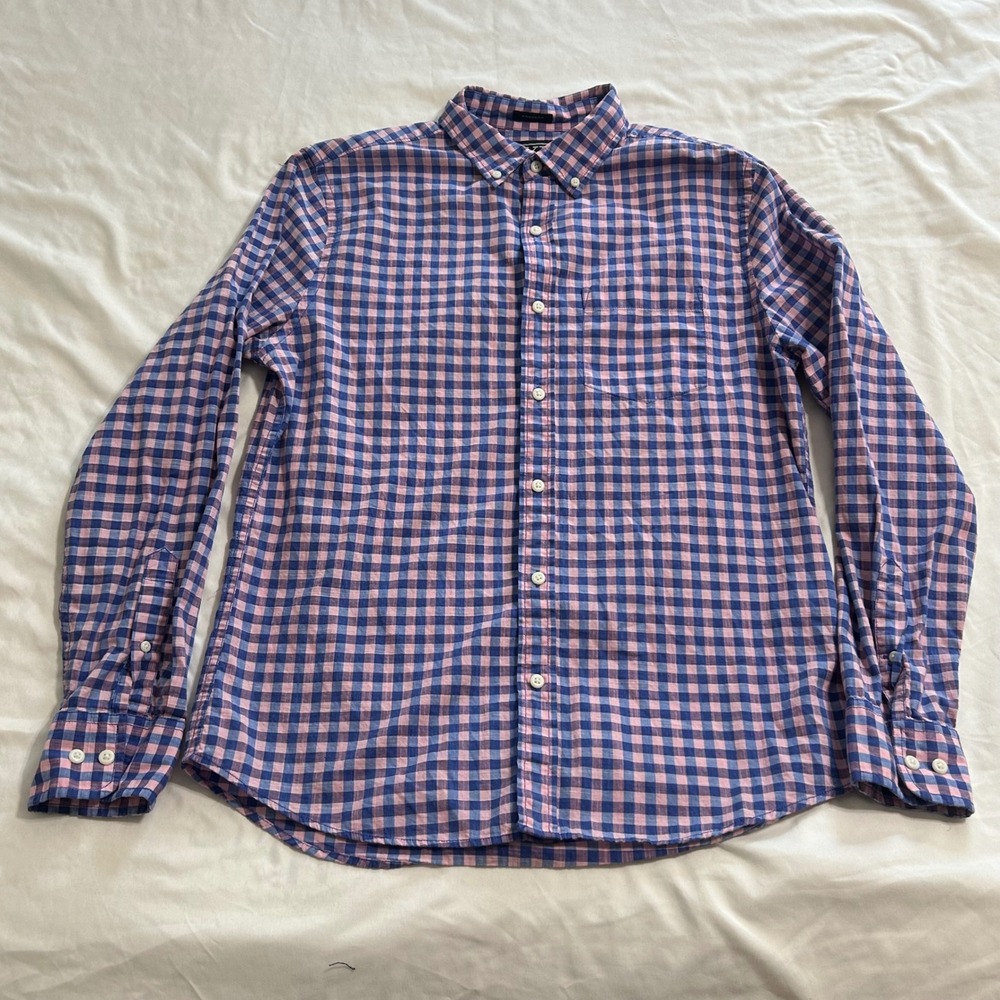 Hawker Rye Mens Medium Regular Fit Gingham Button Down Shirt Pink Blue Cotton